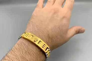 دستبند مردانه رولکس دورنگ پلاک دار | طلایی نقره ای - رنگ ثابت 14040108