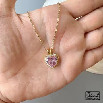 خرید گردنبند نگین صورتی استیل | طلایی 14031260