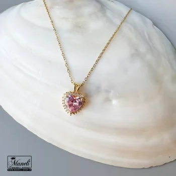 گردنبند نگین صورتی استیل | طلایی 14031260