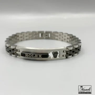 خرید دستبند مردانه رولکس مشکی نقره ای پلاک دار