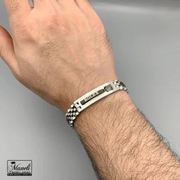 دستبند مردانه رولکس مشکی نقره ای پلاک دار | رنگ ثابت 14040109