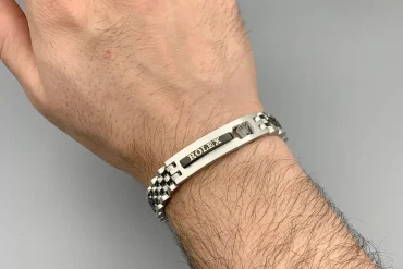 دستبند مردانه رولکس مشکی نقره ای پلاک دار | رنگ ثابت 14040109
