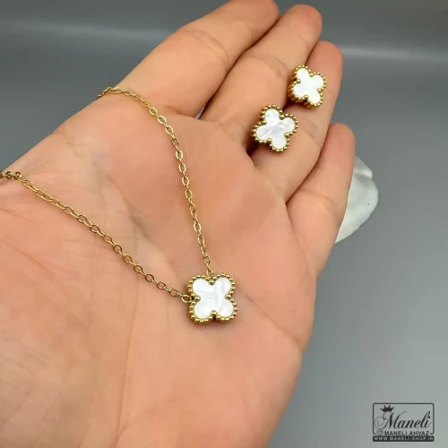 نیم ست ونکلیف ظریف سفید صدفی | گوشواره و گردنبند 14031215