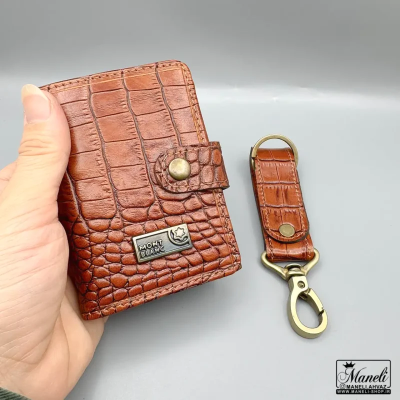 ست جاکارتی و جاکلیدی چرم طبیعی مونت بلانک مدل کروکدیلی عسلی