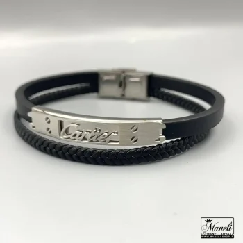 خرید دستبند مردانه چرم دوردیفه با پلاک cartier کارتیر