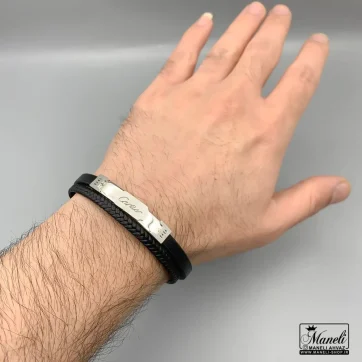 دستبند چرم مردانه با پلاک استیل نقره ای حک Cartier کارتیر 14040182