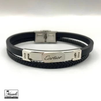 خرید و قیمت دستبند چرم مردانه با پلاک استیل نقره ای حک کارتیر