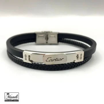 خرید و قیمت دستبند چرم مردانه با پلاک استیل نقره ای حک کارتیر
