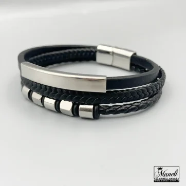 خرید دستبند مردانه چرم سه ردیفه با پلاک ساده