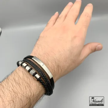 دستبند مردانه چرم سه ردیفه با پلاک ساده 14040192