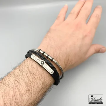 دستبند چرم و استیل مردانه سه ردیفه مونت بلنک 14040187