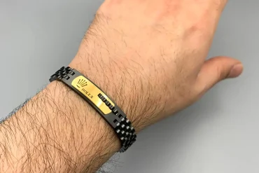 دستبند رولکس مردانه مشکی با پلاک طلایی | استیل - رنگ ثابت 14040177