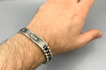 دستبند رولکس مردانه با پلاک نگین دار | مشکی نقره ای 14040170