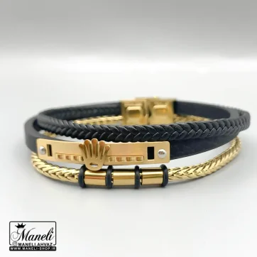 خرید دستبند چرم و استیل مردانه سه ردیفه رولکس