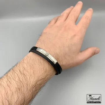 دستبند چرم مردانه با پلاک رولکس نقره ای 14040183