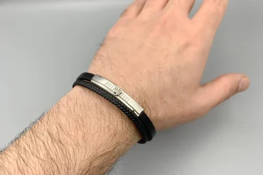 دستبند چرم مردانه با پلاک رولکس نقره ای 14040183