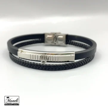 خرید دستبند چرم مردانه با پلاک رولکس نقره ای