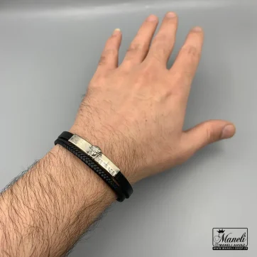 دستبند مردانه چرم دوردیفه با پلاک استیل طرح ورساچه 14040181