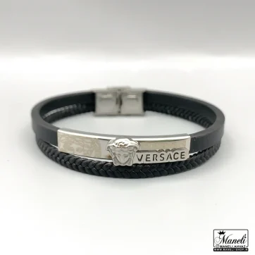 خرید و قیمت دستبند مردانه چرم دوردیفه با پلاک استیل طرح ورساچه