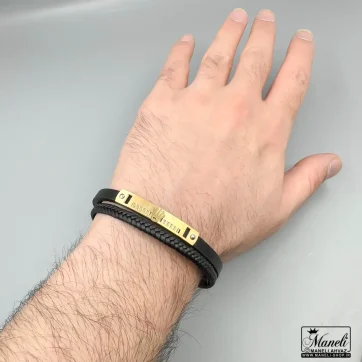 دستبند مردانه چرم دو ردیفه با پلاک استیل رولکس 14040318