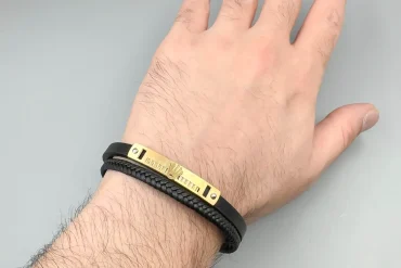 دستبند مردانه چرم دو ردیفه با پلاک استیل رولکس 14040318