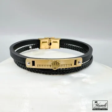 خرید دستبند مردانه چرم دو ردیفه با پلاک استیل رولکس