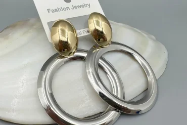 گوشواره (فشن )حلقه‌ای دو رنگ طلایی و سیلور – استیل رنگ ثابت با آبکاری درجه یک14040324