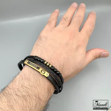 دستبند مردانه چرم سه ردیفه با پلاک استیل برای خاص پسندان 14040317