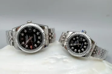 ساعت مچی زنانه رولکس استیل سیلور | صفحه مشکی اندکس نگینی | موتور ژاپنی سایز M|S