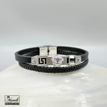 خرید و قیمت دستبند مردانه چرم دو ردیفه با پلاک استیل ورساچه