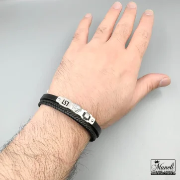 دستبند مردانه چرم دو ردیفه با پلاک استیل ورساچه | خاص و شیک 14040317