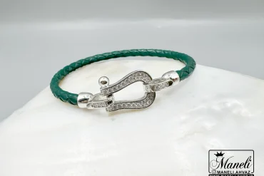 دستبند امگا با چرم رنگ سبز زیبا و قفل دو طرفه نگین مخراج شده|14040480