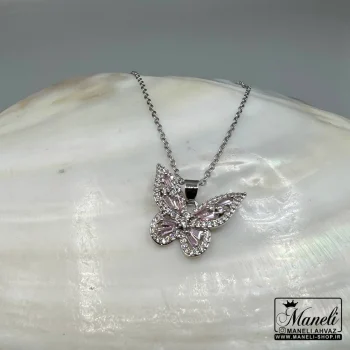 خرید گردنبند رنگ ثابت پروانه سیلور با نگین صورتی|14040461