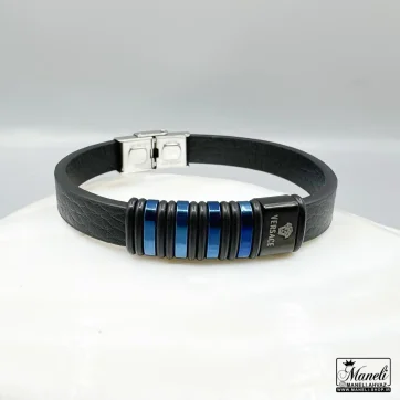 خرید دستبند چرم مردانه با پلاک آبی مشکی