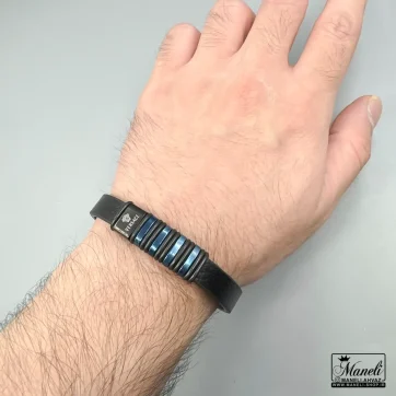 دستبند چرم مردانه با پلاک آبی مشکی | کلاسیک 14040431