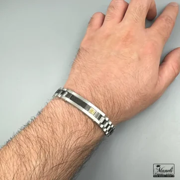 دستبند رولکس مردانه پلاک دار مشکی نقره ای با لوگوی طلایی | استیل14040424