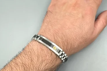 دستبند رولکس مردانه پلاک دار مشکی نقره ای با لوگوی طلایی | استیل14040424