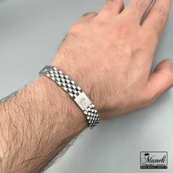 دستبند مردانه نقره ای با لوگوی برجسته رولکس | استیل درجه یک 14040420