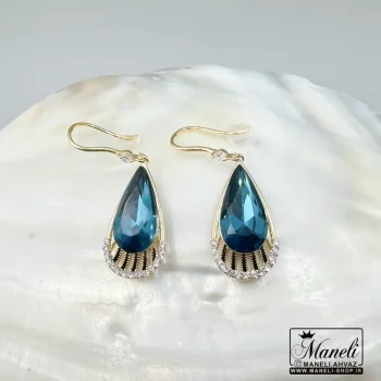 گوشواره آویز مجلسی با سنگ سوارسکی آبی و نگین سفید14040410 - Image 5