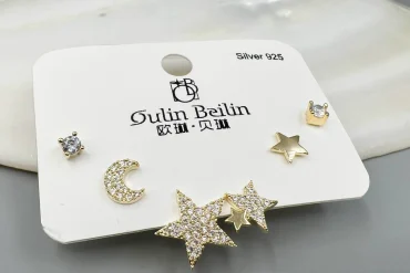 گوشواره پایه نقره پکی ضد حساسیت رنگ ثابت ماه و ستاره|14040494