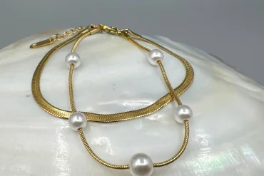 دستبند طلایی مرواریدی دو لاین  رنگ ثابت ظاهری لوکس|14040456