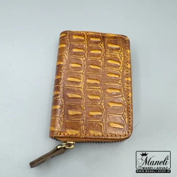 کیف جاکارتی زیپی چرم رنگ عسلی طرح دار 14040602