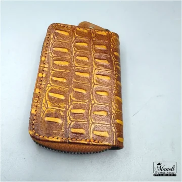 کیف جاکارتی زیپی چرم رنگ عسلی طرح دار 14040602 - Image 3