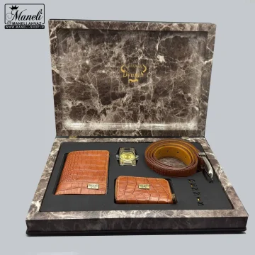 ست چرم 4 تکه با فندک ساعت دار دنیس | چرم طبیعی - عسلی 14040513