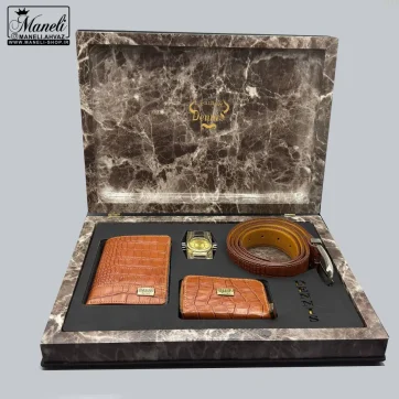 ست چرم 4 تکه با فندک ساعت دار دنیس | چرم طبیعی - عسلی 14040513