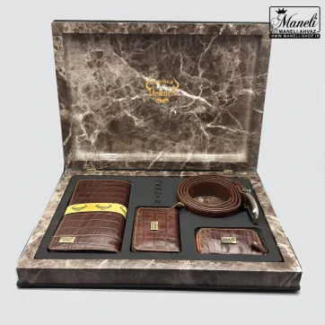 ست چرم 4 تکه قهوه ای مردانه دنیس | چرم طبیعی شناسنامه دار 14040511