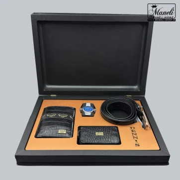 ست چرم ۴ تکه با فندک ساعت دار دنیس | چرم طبیعی مشکی 14040514