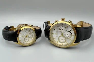 ست ساعت الگانس بند چرم زنانه و مردانه بند مشکی و قاب طلایی|140405149