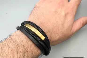 دستبند چرم طبیعی ورساچه مشکی|14040552