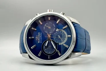 ساعت بند چرم مردانه الگانس آبی با قاب نقره ای|14040597